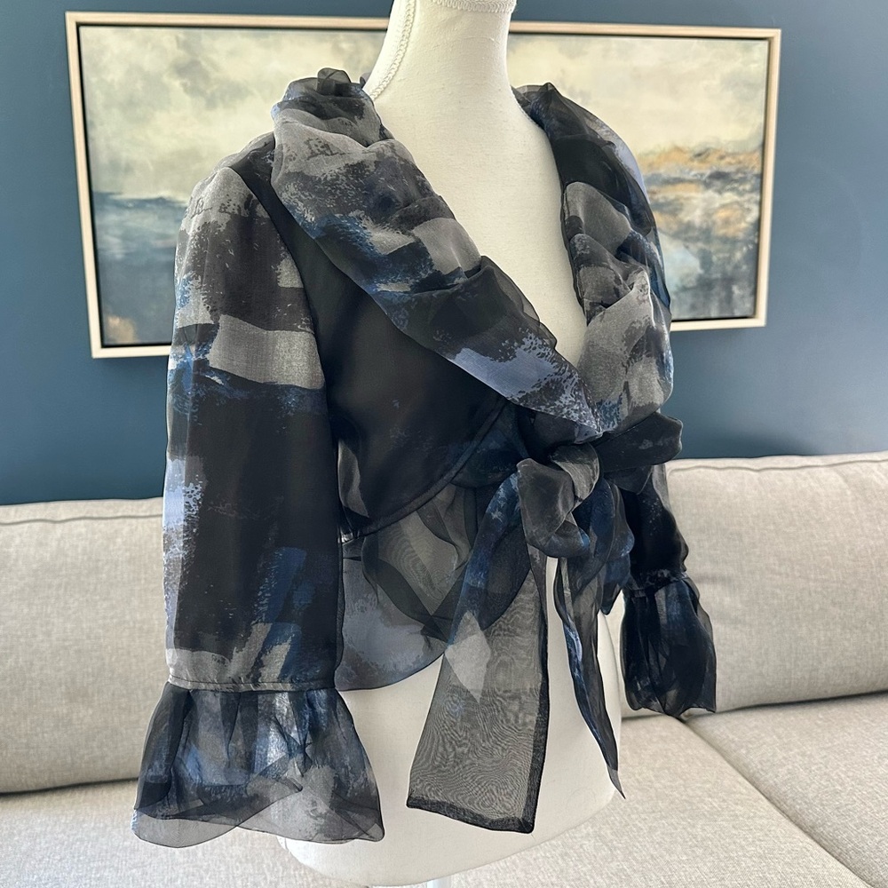 Samuel Dong 100% Silk Organza Crop Bolero Jacket, Blue/Black/Gray Print, Sz S - Picture 4 of 12